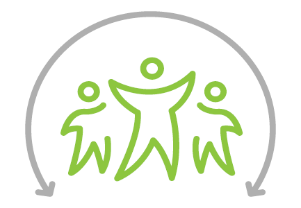 Three people under a circle arrow representing unity and teamwork