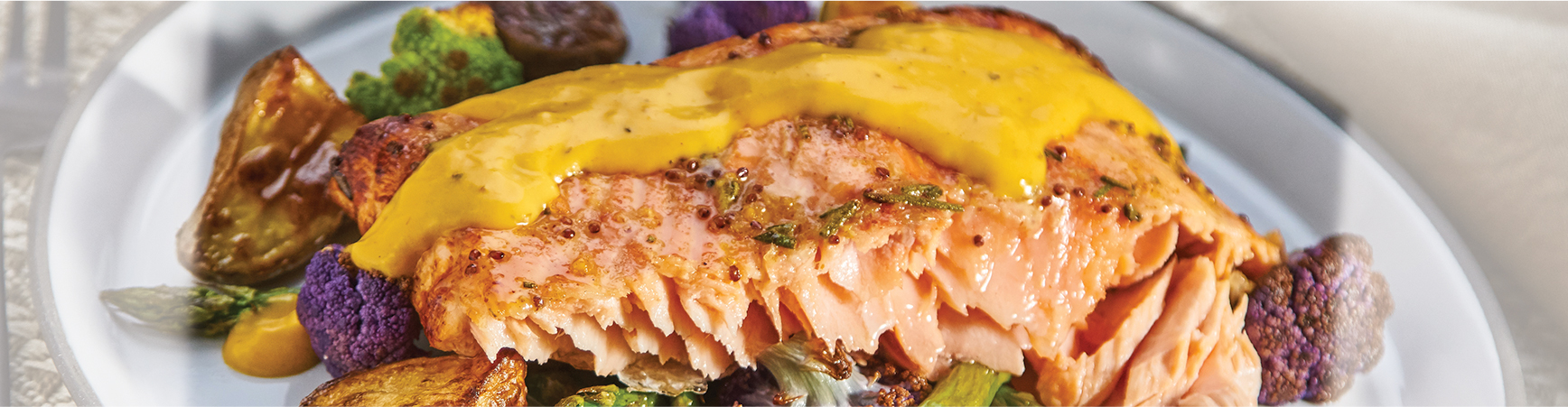 Salmon Dinner with Hollandaise Sauce, cauliflower and brussels sprouts